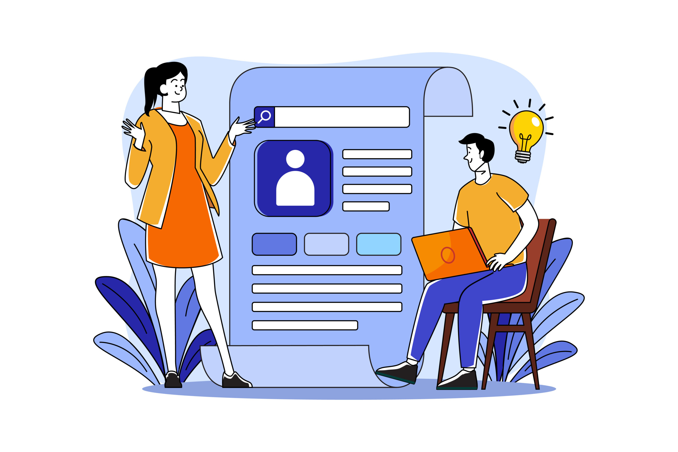 an illustration of two people developing a page with a personal account